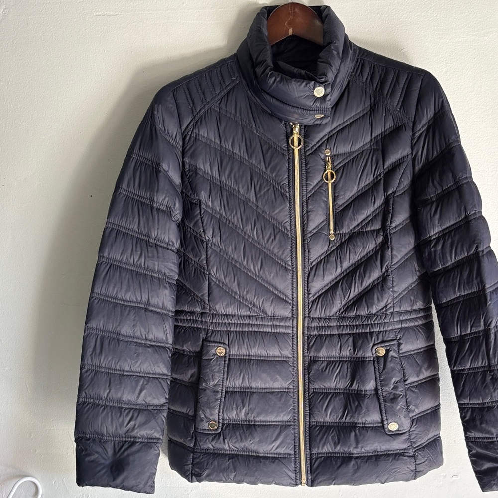 Michael Kors Navy Blue Puffer Jacket with Gold Accents